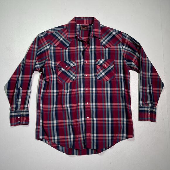 Vintage 80's Red Plaid Pearl Snap Button Shirt / Sz L / Plains Westernwear - Picture 1 of 8